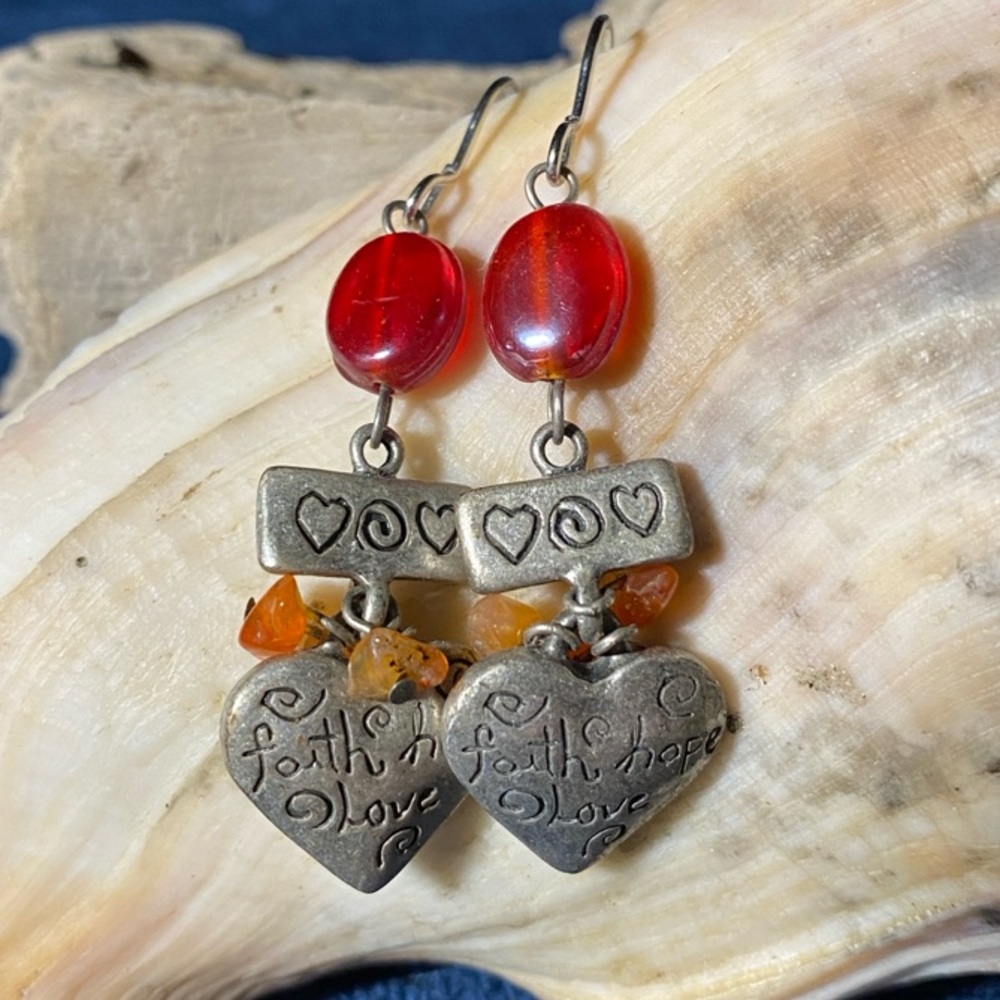 Heart Charm Red and Orange Earrings